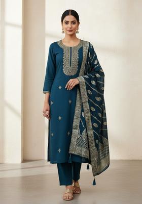 Teal Embroidery Silk Kurta Set