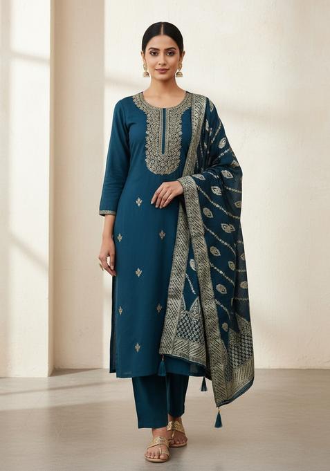 Teal Embroidery Silk Kurta Set