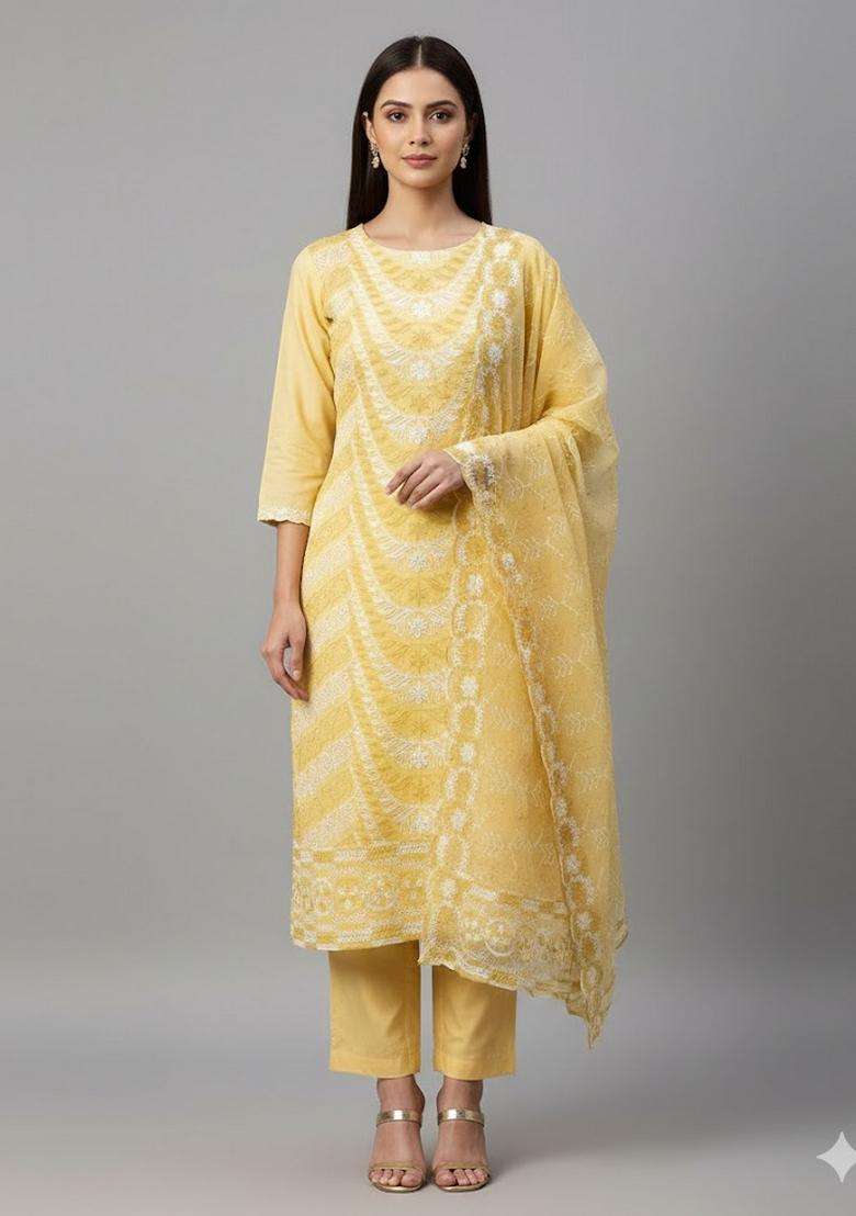 Yellow Embroidery Georgette Kurta Set - Indya