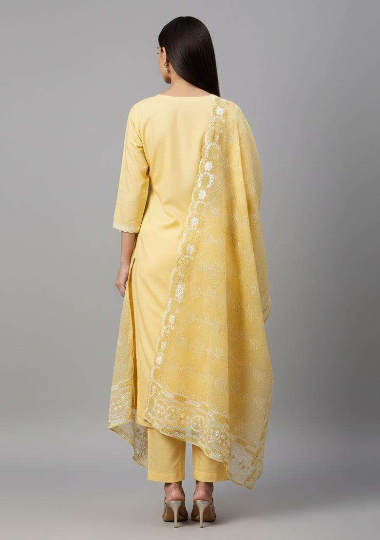 Yellow Embroidery Georgette Kurta Set - Indya