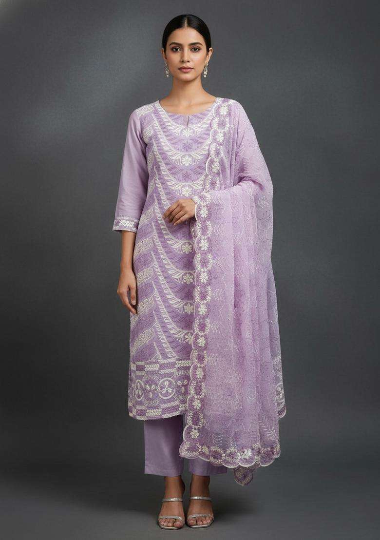 Lavender Embroidery Georgette Kurta Set - Indya