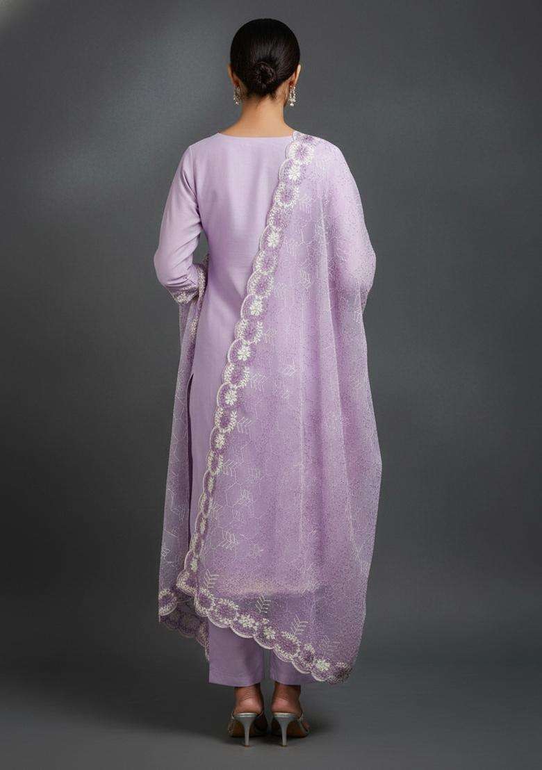 Lavender Embroidery Georgette Kurta Set - Indya