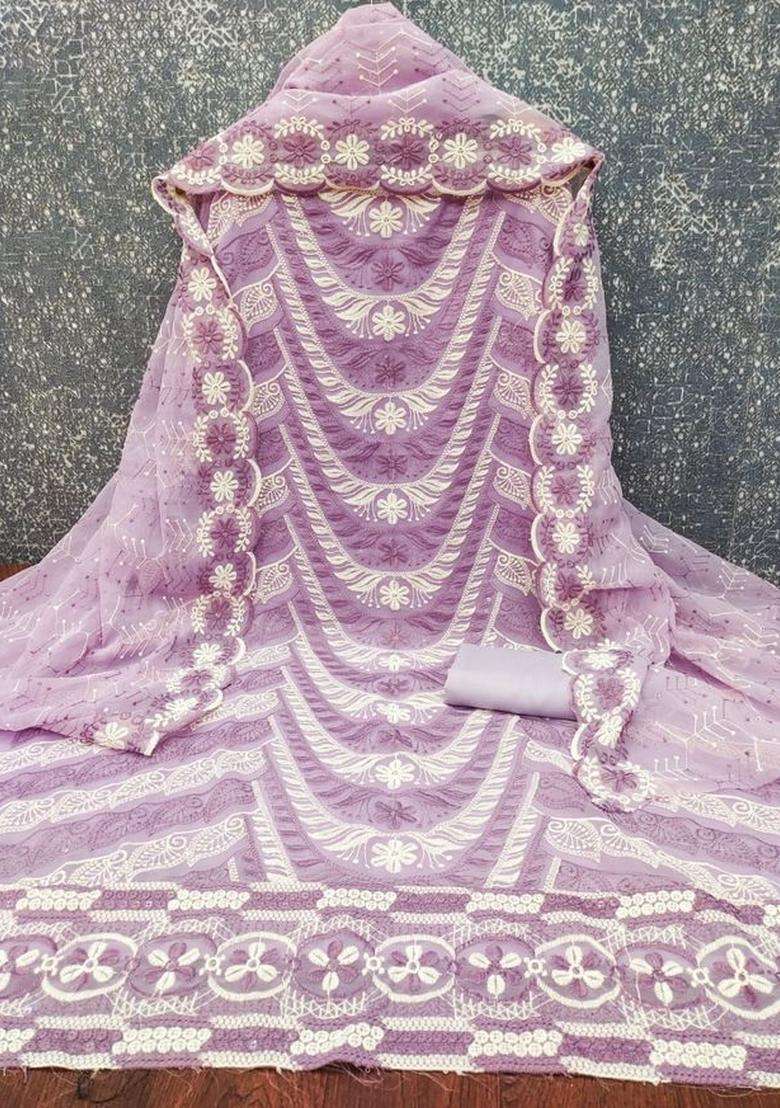 Lavender Embroidery Georgette Kurta Set - Indya
