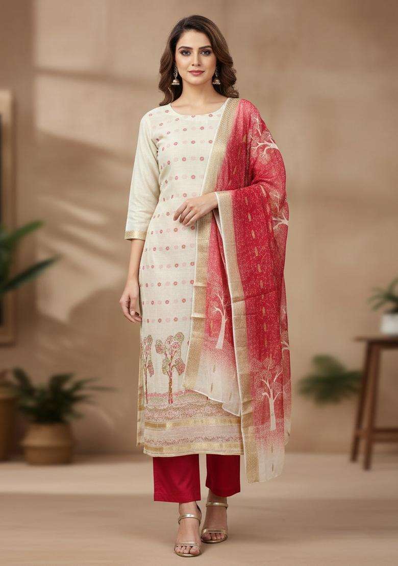 Red Embroidery Silk Kurta Set - Indya