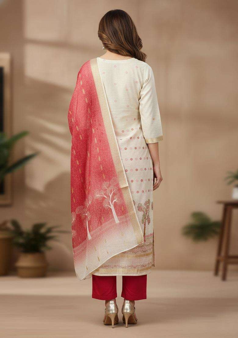 Red Embroidery Silk Kurta Set - Indya