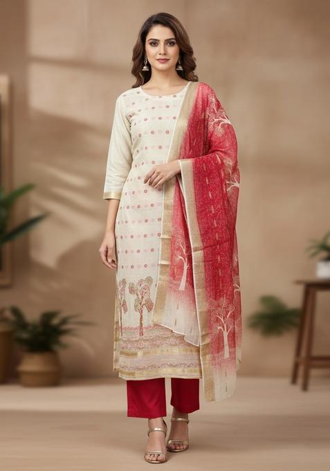 Red Embroidery Silk Kurta Set