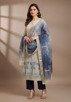 Blue Embroidery Silk Kurta Set