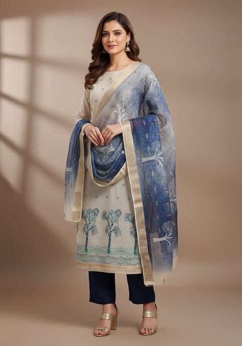 Blue Embroidery Silk Kurta Set