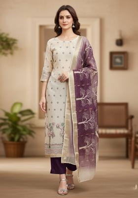 Purple Embroidery Silk Kurta Set