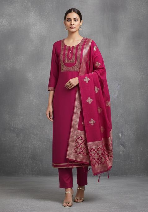 Pink Embroidery Silk Kurta Set