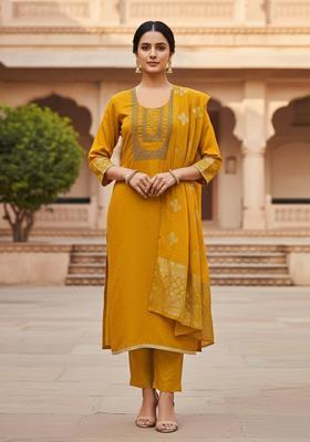 Mustard Embroidery Silk Kurta Set