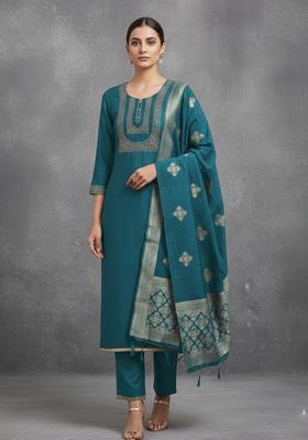 Teal Embroidery Silk Kurta Set