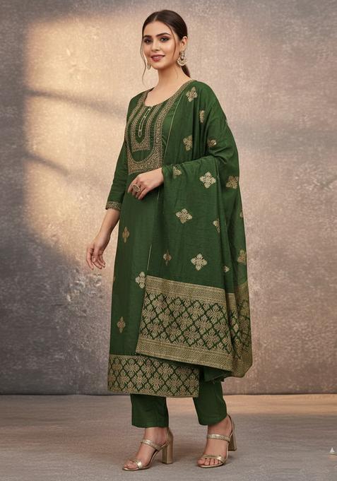 Green Embroidery Silk Kurta Set