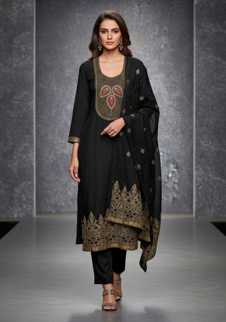 Black Embroidery Silk Kurta Set - Indya