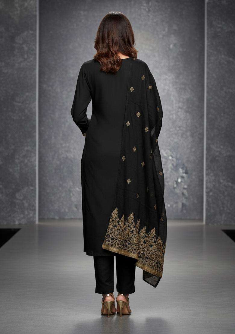 Black Embroidery Silk Kurta Set - Indya