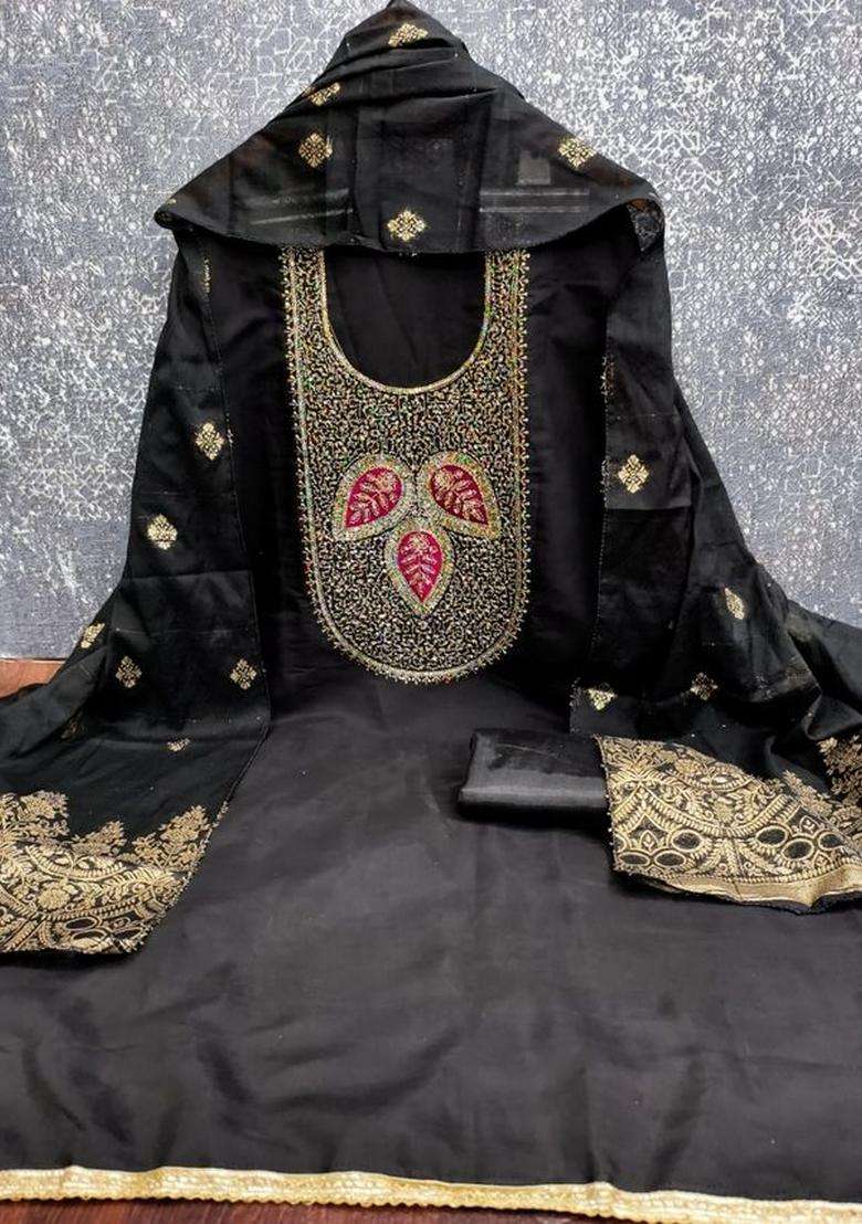 Black Embroidery Silk Kurta Set - Indya