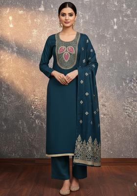 Teal Embroidery Silk Kurta Set