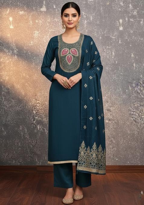 Teal Embroidery Silk Kurta Set
