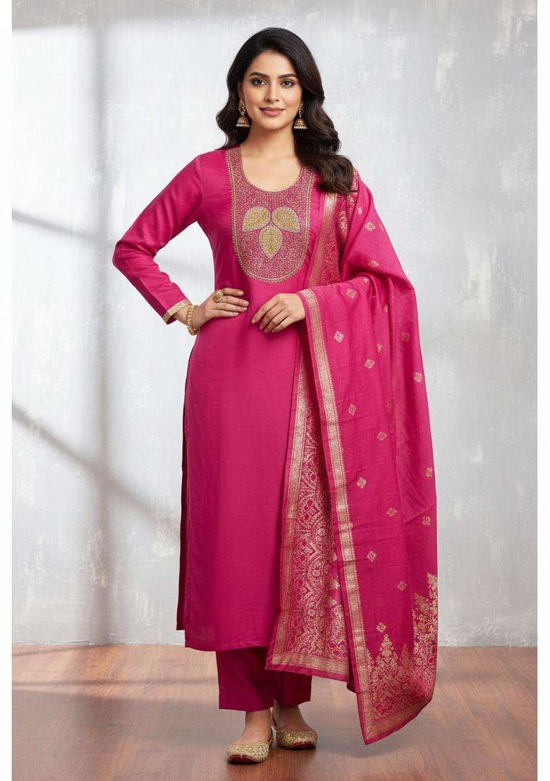 Pink Embroidery Silk Kurta Set - Indya