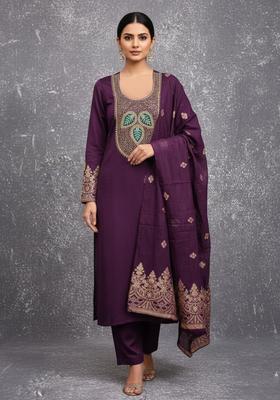 Purple Embroidery Silk Kurta Set