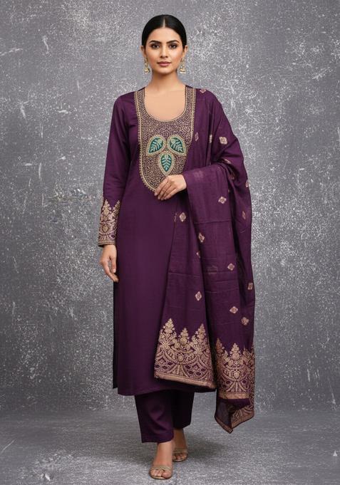 Purple Embroidery Silk Kurta Set