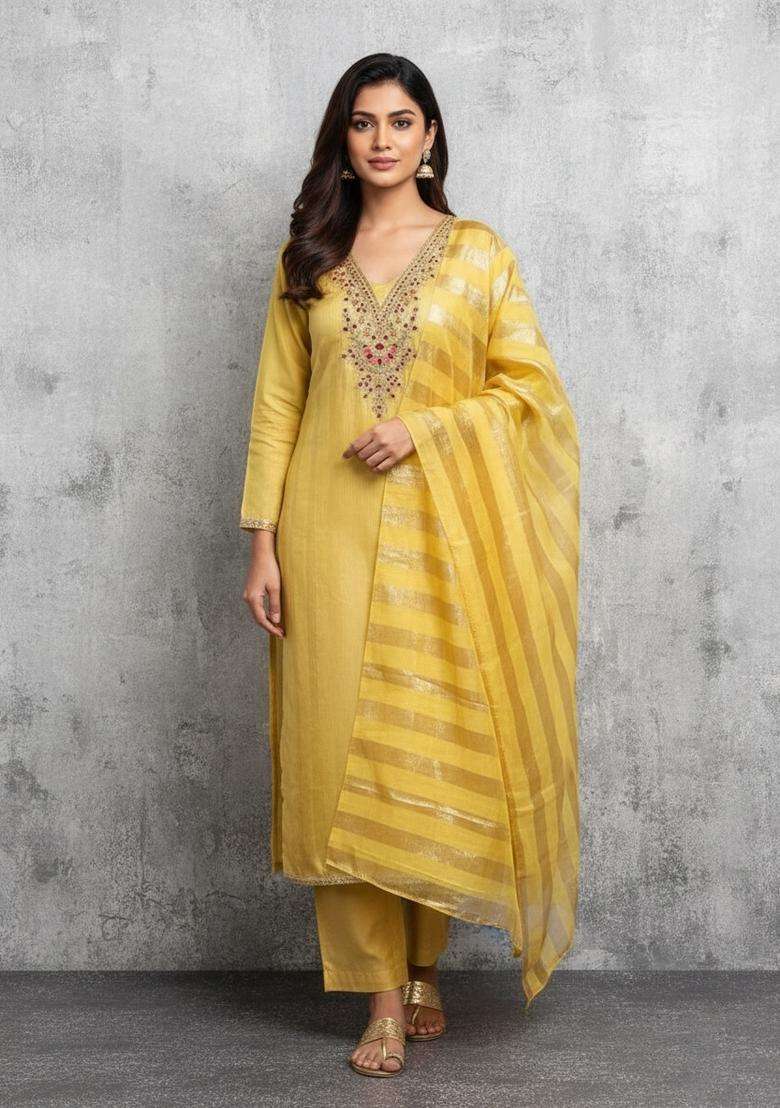 Yellow Embroidery Silk Kurta Set - Indya