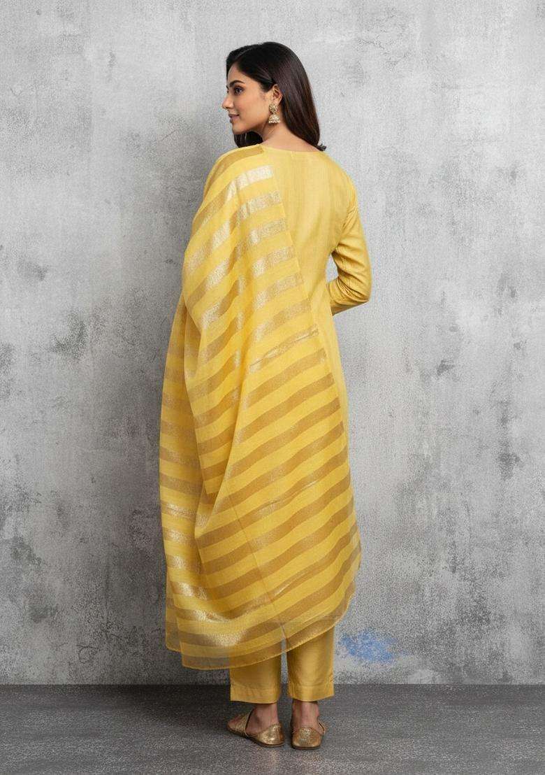 Yellow Embroidery Silk Kurta Set - Indya