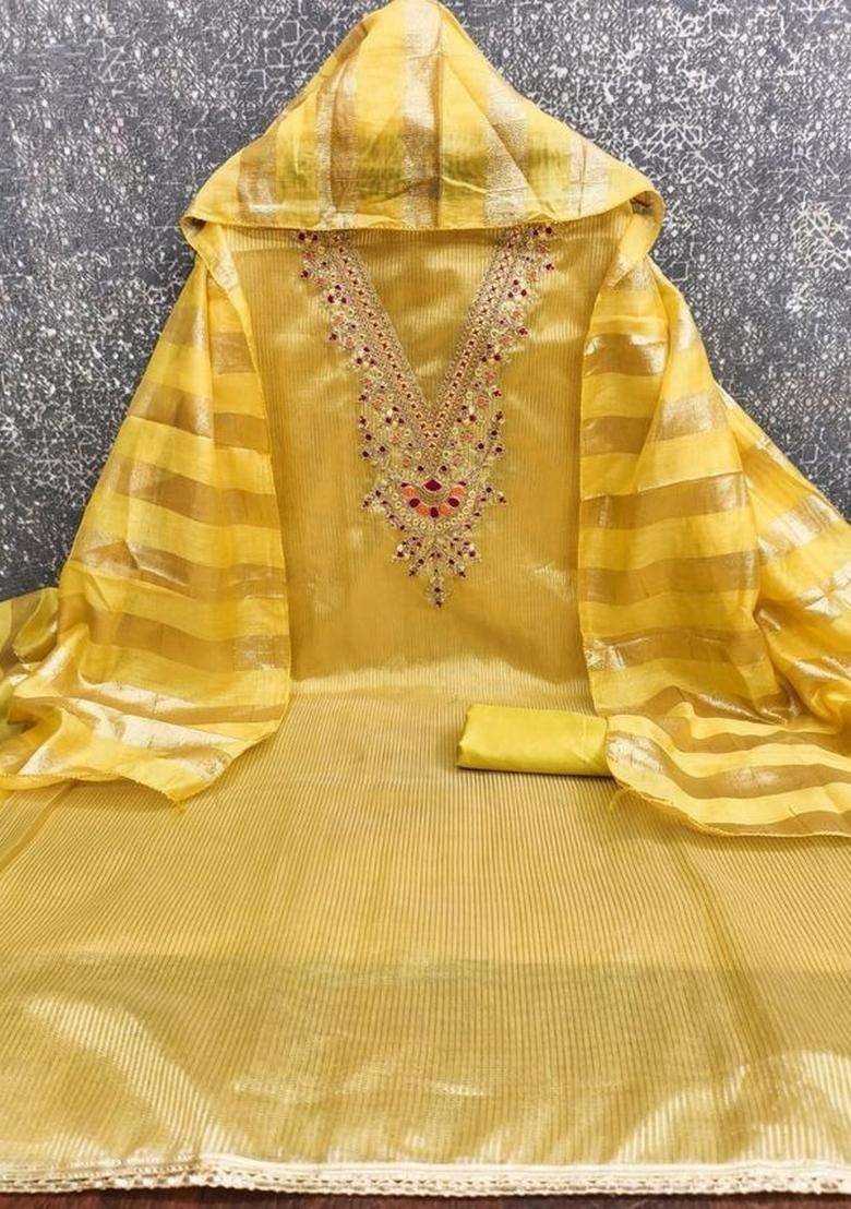 Yellow Embroidery Silk Kurta Set - Indya