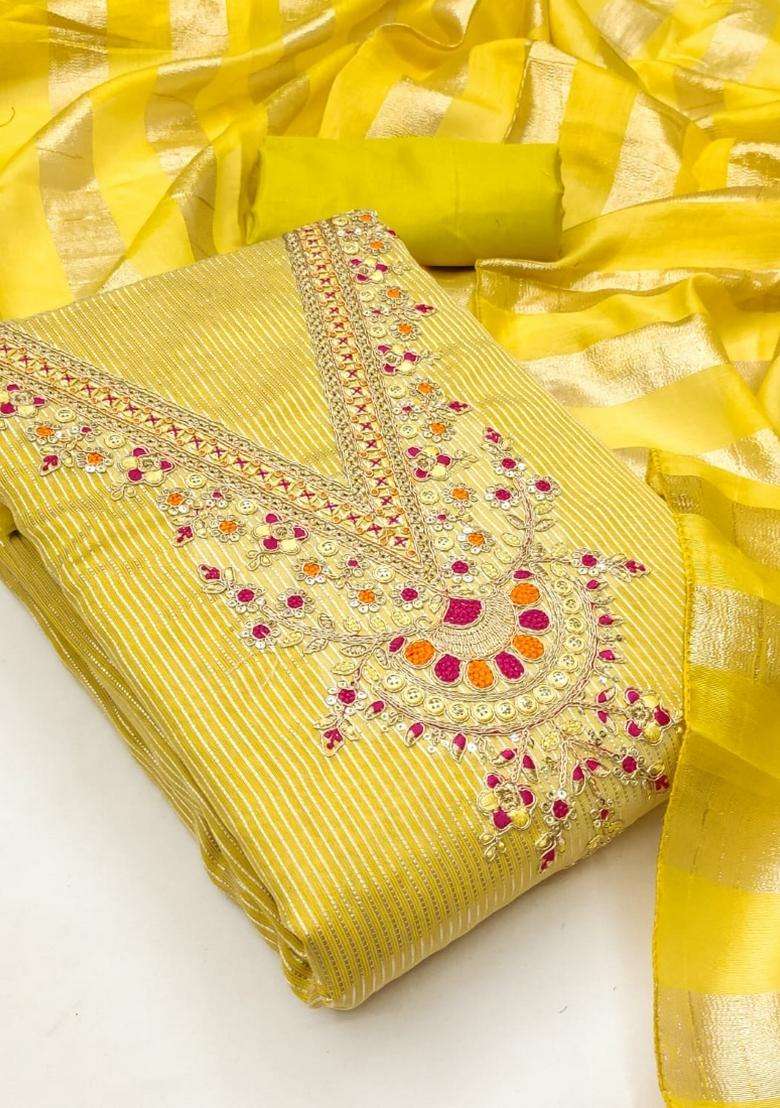 Yellow Embroidery Silk Kurta Set - Indya