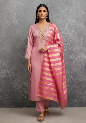 Pink Embroidery Silk Kurta Set