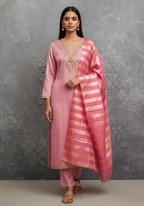 Pink Embroidery Silk Kurta Set