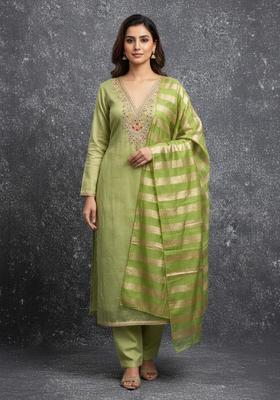 Green Embroidery Silk Kurta Set