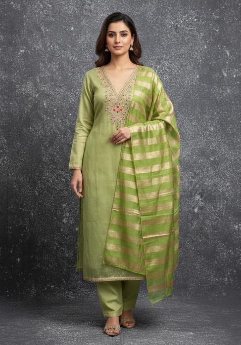 Green Embroidery Silk Kurta Set