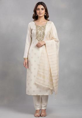 Off White Embroidery Silk Kurta Set