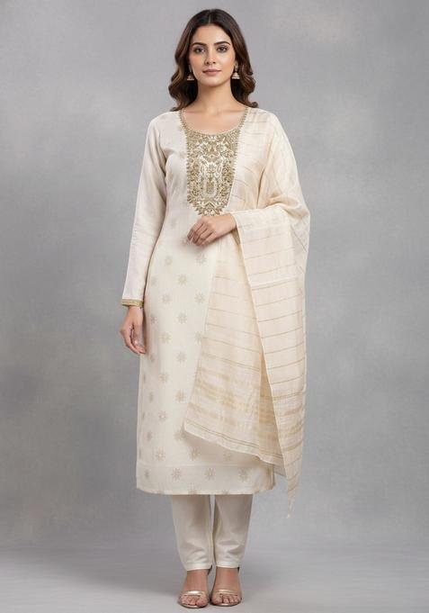 Off White Embroidery Silk Kurta Set