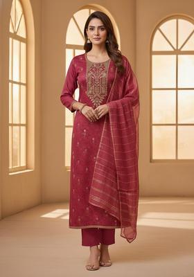 Pink Embroidery Silk Kurta Set