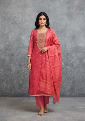 Red Embroidery Silk Kurta Set