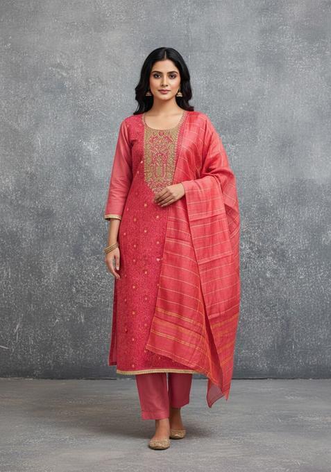 Red Embroidery Silk Kurta Set