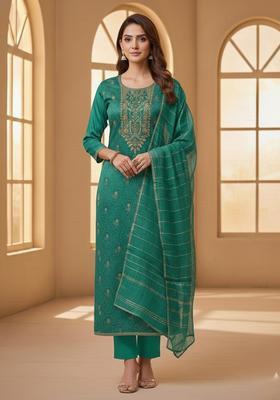 Teal Embroidery Silk Kurta Set