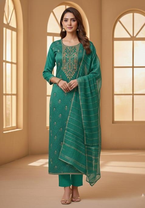 Teal Embroidery Silk Kurta Set