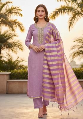 Lavender Embroidery Silk Kurta Set