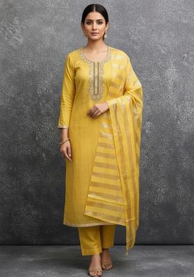 Mustard Embroidery Silk Kurta Set