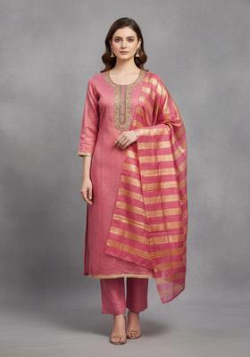 Pink Embroidery Silk Kurta Set