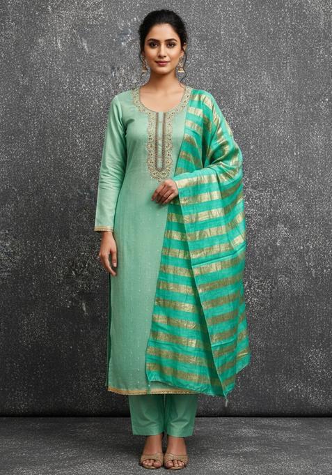 Teal Embroidery Silk Kurta Set