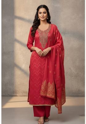 Red Embroidery Silk Kurta Set