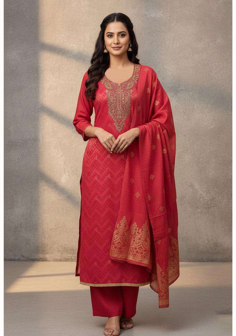 Red Embroidery Silk Kurta Set - Indya
