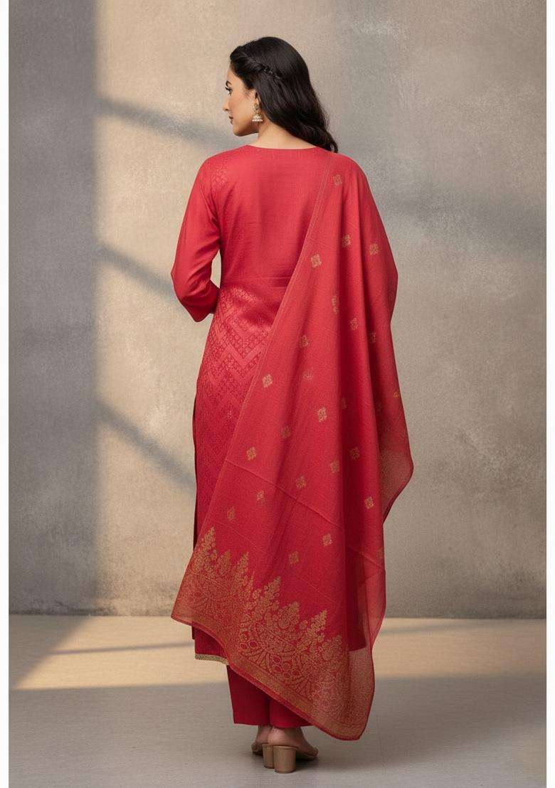 Red Embroidery Silk Kurta Set - Indya