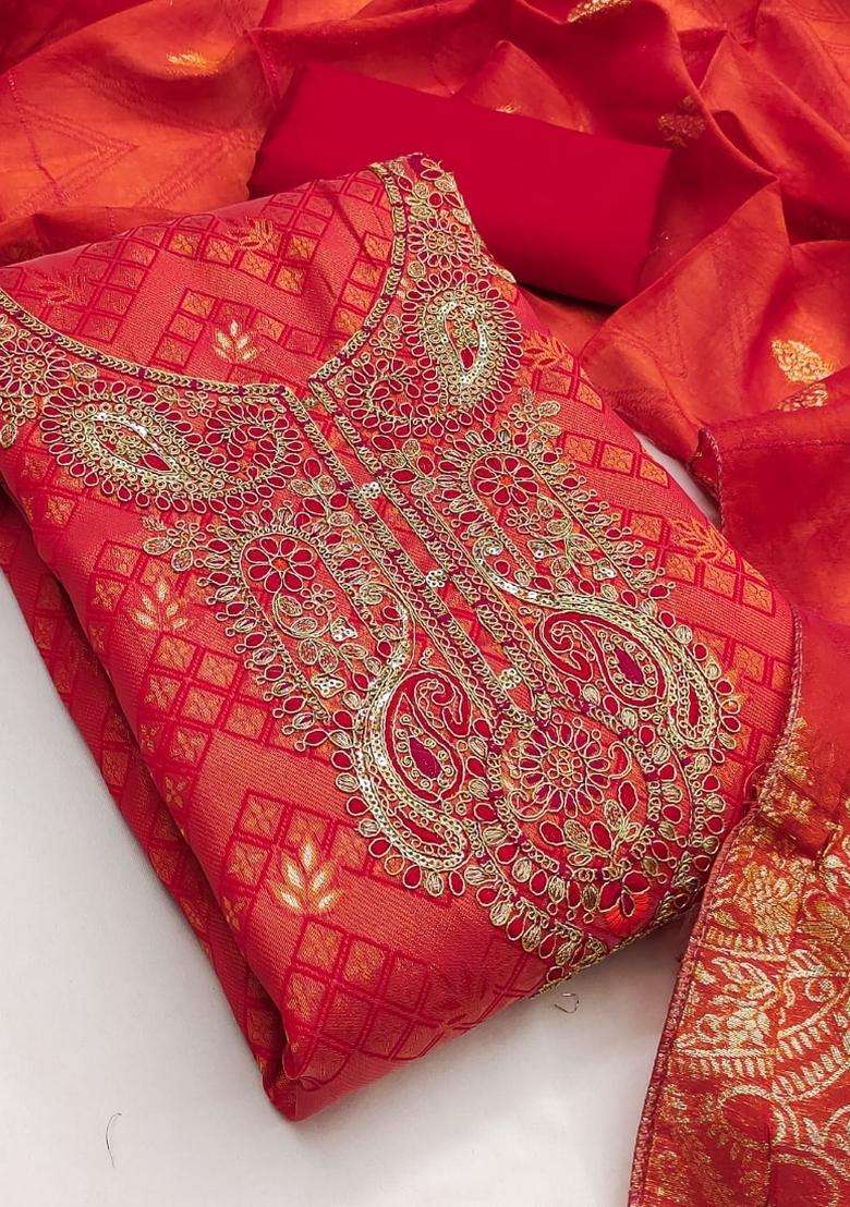Red Embroidery Silk Kurta Set - Indya