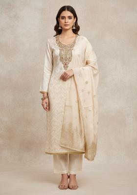 Off White Embroidery Silk Kurta Set