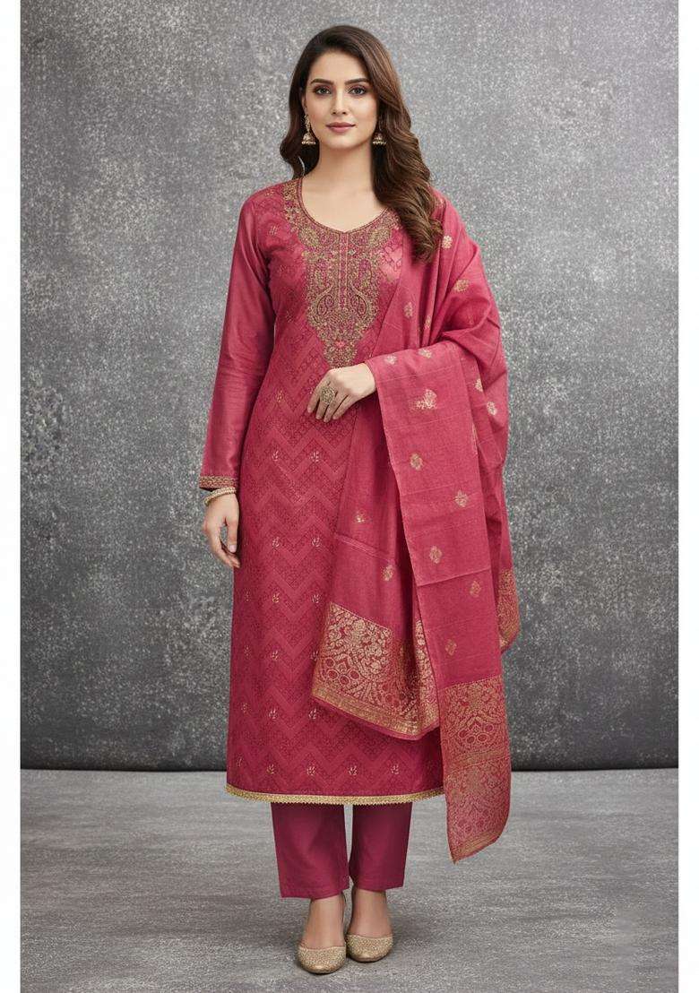 Pink Embroidery Silk Kurta Set - Indya